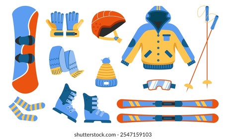 Conjunto de equipo de deporte de invierno. Snowboard, esquí, guantes, casco, chaqueta, calcetines, botas, sombrero, gafas. Accesorios deportivos de invierno para esquí de montaña y patinaje. Ilustración vectorial aislada en blanco