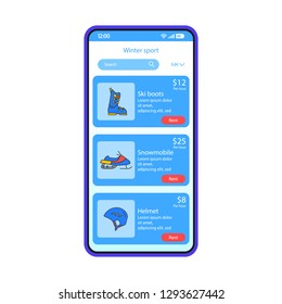 Winter sport equipment smartphone interface vector template. Mobile shopping app page blue design layout. Ski gear, transport rental application screen. Flat UI. Online outfit store on phone display