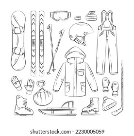 Winter sport equipment. Vector hand drawn icons set with snowboard, ski, gloves, helmet, sled, jacket. Illustration of winter sporting accessories. Mountain skiing and skating activity on holidays