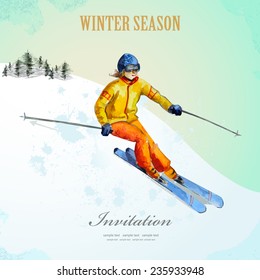 Winter sport. fashion girl skier. watercolor. vintage poster for your design.
