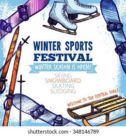 Winter sport festival promo poster with hand drawn equipment vector illustration
