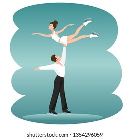 Winter sport - figure skating, dancing on the ice. The man raised his partner in a pose of flight high above his head on one arm. Vector illustration.