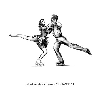 Winter sport Figure skating young couple skaters hand drawn sketch. Vector illustration of paints