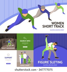 Winter sport flat icons set with short track figure skating snowboard isolated vector illustration