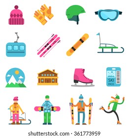 Winter sport flat icons set with ski skate and snowboard equipment isolated vector illustration