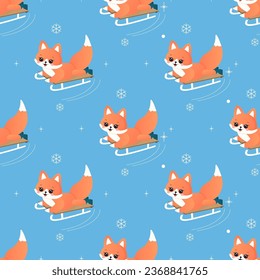 Winter sport fox on skis, sled, snowboard, skates. seamless pattern. 