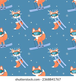 Winter sport fox on skis, sled, snowboard, skates. seamless pattern. 