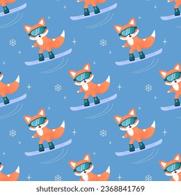 Winter sport fox on skis, sled, snowboard, skates. seamless pattern. 