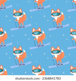Winter sport fox on skis, sled, snowboard, skates. seamless pattern. 