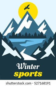 Winter sport. Fresh air. on the horizon, winter nature view. Pine forest. Mountain. Vector illustration. Flat style