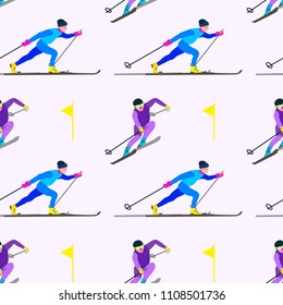 Winter sport game seamless pattern. Skiing sportsmans character in motion. Sporty guy riding on skis. Vector concept in cartoon style can be used for poster, banner, background, wrapping paper