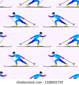 Winter sport game seamless pattern. Skiing sportsmans character in motion. Sporty guy riding on skis. Vector concept in cartoon style can be used for poster, banner, background, wrapping paper