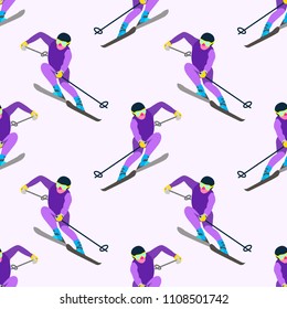 Winter sport game seamless pattern. Skiing sportsmans character in motion. Sporty guy riding on skis. Vector concept in cartoon style can be used for poster, banner, background, wrapping paper