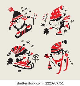 Winter sport gnomes. Ski and snowboard gnomes silhouette. Christmas gnomes for cutting, print, web. Xmas gnomes header.