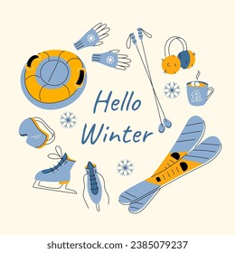 Winter sport greeting card background. Round frame with ice skates, mountain skis and poles, tube, mask and hello winter saying in hand drawn style. Modem flat vector illustration. 3D Illustration