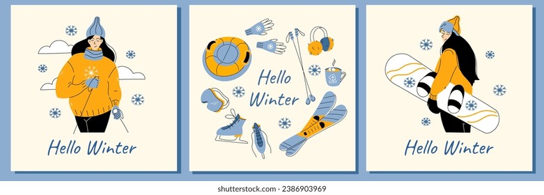 Winter sport greeting cards. Woman with snowboard, poles and round frame with sport wear - ice skates, mountain skis, tube, mask and hello winter saying in hand drawn style.