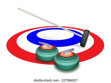 Winter Sport : Hand Drawing of Curling Rocks and Broom in The Ice Rings, Green, White and Blue Colors in Curling Sport Isolated on White Background