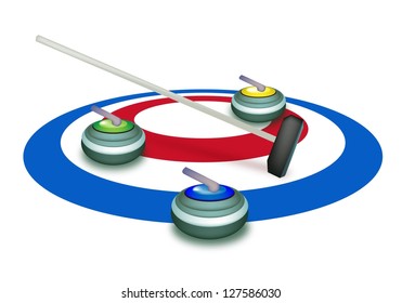 Winter Sport : Hand Drawing of Curling Rocks and Broom in The Ice Rings, Blue White and Red Colors in Curling Sport Isolated on White Background