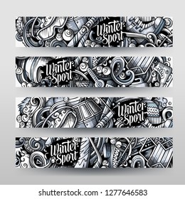 Winter sport hand drawn doodle banners set. Cartoon detailed flyers. Cold activities identity with objects and symbols. Ski resort background illustrations. Toned vector design elements
