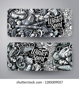 Winter sport hand drawn doodle banners set. Cartoon detailed flyers. Cold activities identity with objects and symbols. Ski resort background illustrations. Toned vector design elements