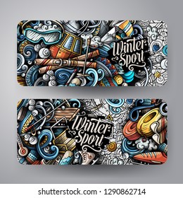 Winter sport hand drawn doodle banners set. Cartoon detailed flyers. Cold activities identity with objects and symbols. Ski resort background illustrations. Color vector design elements