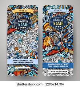 Winter sport hand drawn doodle banners set. Cartoon detailed flyers. Cold activities identity with objects and symbols. Ski resort background illustrations. Color vector design elements