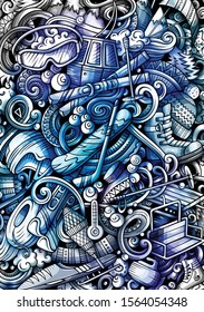 Winter sport hand drawn doodle background. Cartoon detailed illustration. Cold activities identity with objects and symbols. Ski resort vector design elements