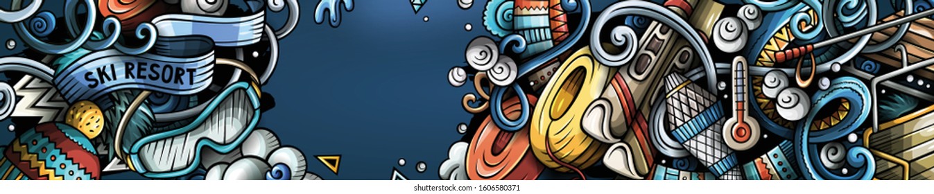 Winter sport hand drawn doodle banner. Cartoon detailed flyer. Cold activities identity with objects and symbols. Ski resort illustrations. Color vector design elements background