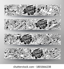 Winter sport hand drawn doodle banners. Cartoon detailed flyer. Cold activities identity with objects and symbols. Ski resort illustrations. Sketchy vector design elements background