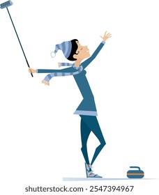 Winter sport. Happy young woman plays curling. Happy young woman with a curling brush and a stone staying on the ice	