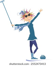 Winter sport. Happy young woman plays curling. 
Happy young woman with a curling brush and a stone staying on the ice
