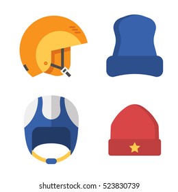 Winter sport head wear set. Skiing and snowboarding helmets and caps. Snowboarder protective hat in outline design. Winter headgear isolated on white background. Snow activity hats.