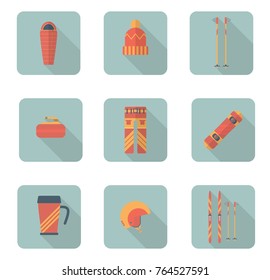 Winter sport and hiking flat icon collection. Vector illustration