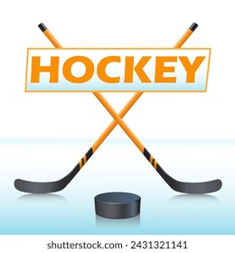 Deporte de invierno. Emblema de hockey. Palos y disco en el hielo. Ilustración de vector