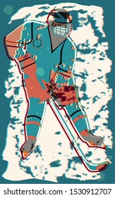 Winter sport. Hockey. Player with a club on an abstract background in grunge style - art, vector.