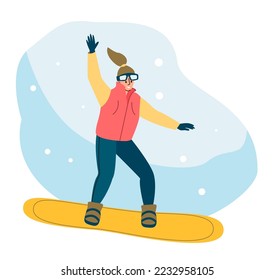 Winter sport at holidays and leisure concept. Woman rolls a hole on a snowboard.