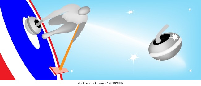 Winter Sport : Horizontal Background of Professional Athlete Slide A Rock and Holding A Broom on The Ice Rings in Curling Competition