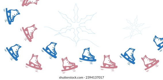 Winter sport horizontal banner. Red and blue figure skates. Vector illustration. Doodle color style. Background for Web, print, pattern, cover, text frame, banner, postcard, post, copy space