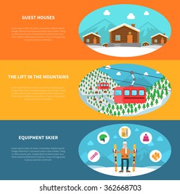 Winter sport horizontal banner set with skier equipment and mountain houses flat vector illustration