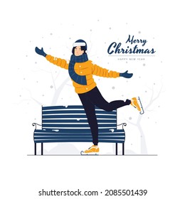 winter sport, Ice skating in park on christmas day concept illustrations