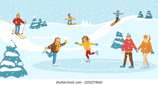 Winter sport ice skating, people together spend time physical activity, frozen pond and snow skiing hill flat vector illustration.