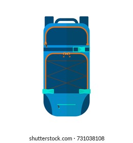 Winter sport icon of backpack. Skiing and snowboarding set equipment isolated on white background in flat style design. Elements for ski resort picture, mountain activities, vector illustration.