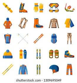 Winter sport icon collection.  Set with equipment, wear and shoes. Ski and snowboard. Vector illustration.