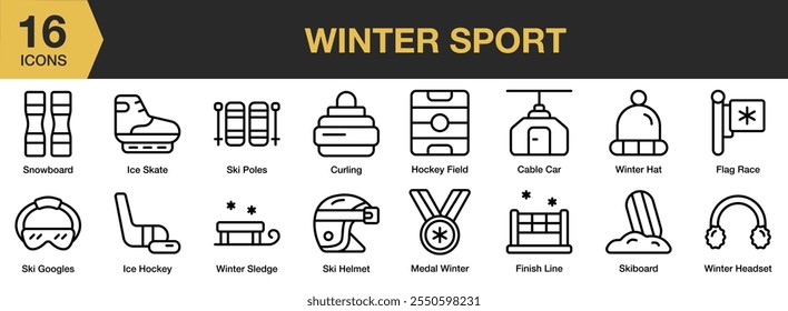 Conjunto de iconos de deporte de invierno. Incluye snowboard, patines sobre hielo, curling, hockey, medalla, esquí, gafas y más. Colección de Vector de iconos de contorno.