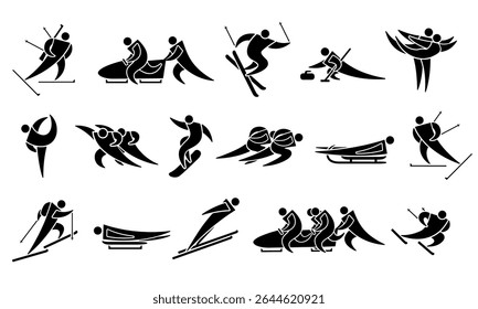 Ícone de esporte de inverno com pessoas em movimento, silhueta preta isolada no branco. Atletas de biatlo, bobsled, curling, patinação, esqui e snowboard. Sinal de clipart de vetor para design de jogos esportivos de inverno.