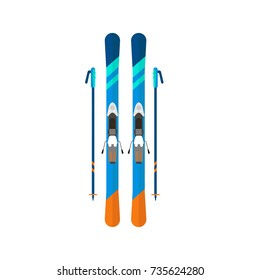Winter sport icon of ski. Skiing and snowboarding set equipment isolated on white background in flat style design. Elements for ski resort picture, mountain activities, vector illustration.