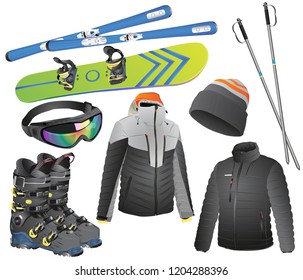 Winter sport icons collection. Skiing and snowboarding set equipment isolated on white background