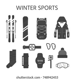 Winter sport icons collection. Skiing and snowboarding set equipment isolated on white background in flat style design. Elements for ski resort picture, mountain activities, vector illustration.