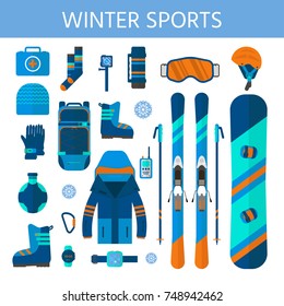 Winter sport icons collection. Skiing and snowboarding set equipment isolated on white background in flat style design. Elements for ski resort picture, mountain activities, vector illustration.