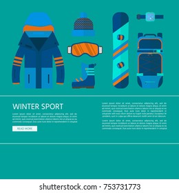 Winter sport icons collection. Skiing and snowboarding set equipment for website concept in flat style design. Elements for ski resort picture, mountain activities, vector illustration.